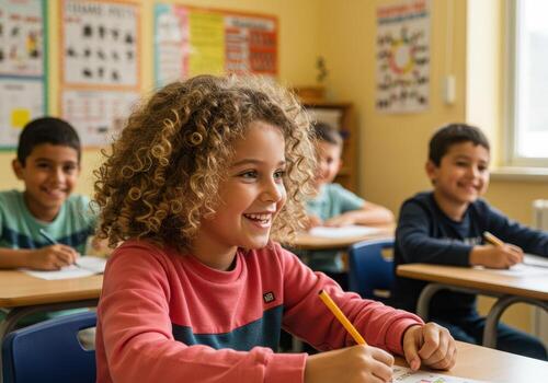 Joyful elementary school students engaged in learning, smiling and writing at their desks in a bright, modern classroom environment. photo