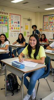 Joyful students actively learning and smiling in a bright, modern classroom setting, embracing education and growth photo
