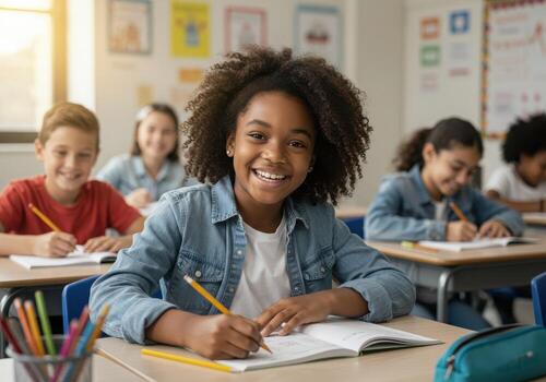Joyful young student beams with excitement while learning in a bright, modern classroom, capturing the essence of education and childhood curiosity. photo