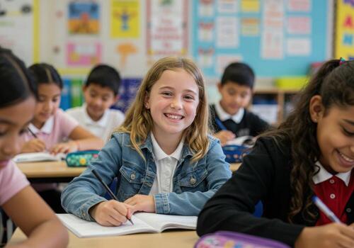 Joyful elementary student beams while learning and writing with classmates in a bright, modern classroom setting photo