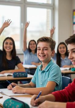 Joyful students enthusiastically raising hands in a bright classroom, eager to learn and participate in lessons photo
