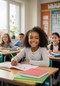 Bright eyed young student joyfully engaging in learning activities during a vibrant classroom lesson with diverse peers photo