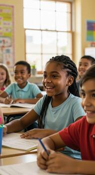 Diverse students enthusiastically learning and engaging in a bright, modern classroom setting, fostering a joyful educational experience. photo