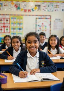 Joyful young student actively learning and smiling during a bright classroom lesson, engaged in writing and discovery photo