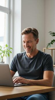 Confident businessman happily working on laptop at modern home office desk, focusing on digital tasks and online communication with a smile photo