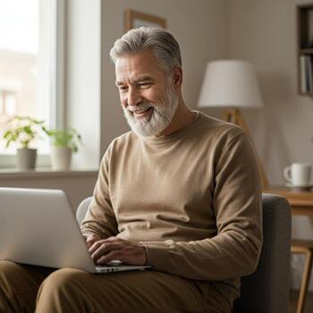 Joyful senior man with white beard happily working on laptop at home, enjoying modern comfort and digital connection. photo