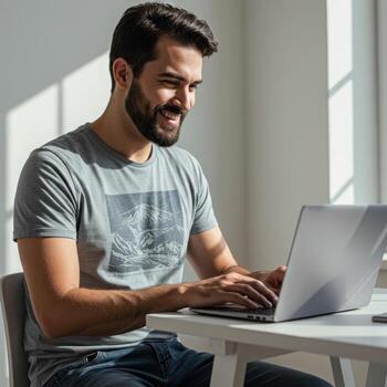 Confident young man smiles while working on laptop in bright modern office, enjoying productive day photo