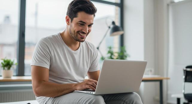 Smiling man joyfully working on laptop in bright modern office, capturing productivity and success in a contemporary workspace environment photo