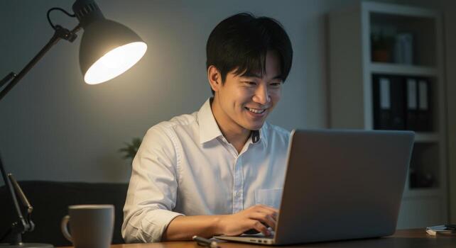 Young professional smiling brightly while working late on laptop, illuminated by desk lamp, feeling motivated and productive photo