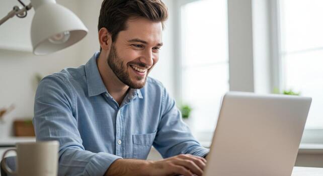 Joyful young man enthusiastically working on laptop in bright, modern home office, smiling at screen with productive energy photo