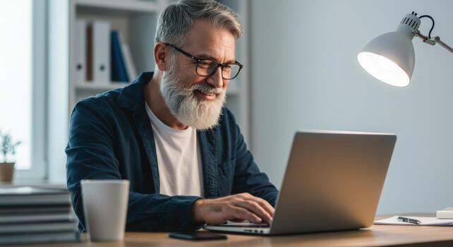Smiling mature man with distinguished beard types on laptop at modern desk with warm desk lamp illuminating his focused work photo