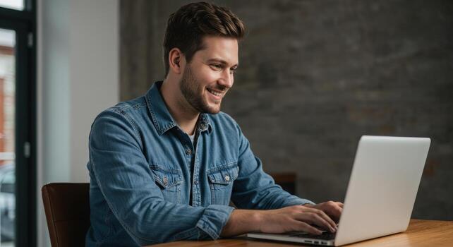 Young professional man happily working on laptop computer in modern office space, achieving success and productivity photo
