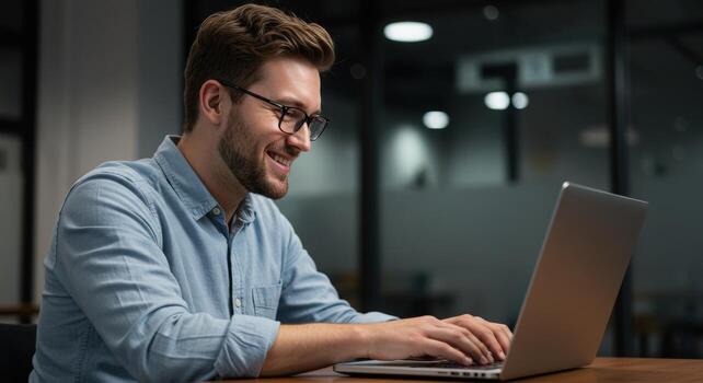 Confident young businessman smiling while working on laptop in modern office, looking engaged and productive with digital technology. photo