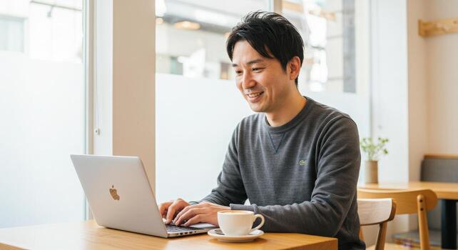 Smiling Asian man working diligently on his laptop while enjoying a coffee at a bright, modern cafe, embracing productivity and a relaxed lifestyle. photo