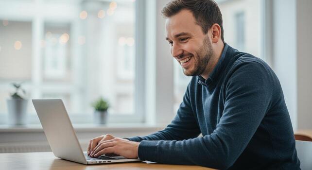 Confident man happily working on laptop in bright modern office, achieving professional success and connection photo