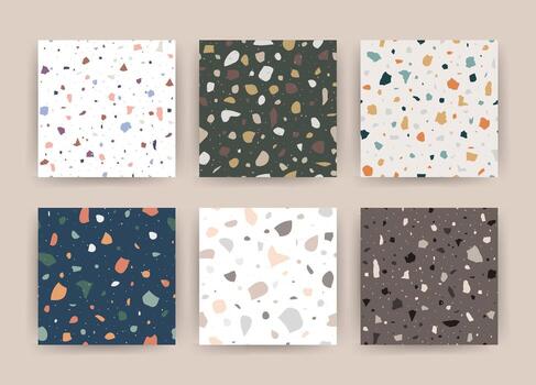 Set of terrazzo patterns with colorful stone. Seamless backgrounds in venetian style. Marble floor texture. Modern illustration vector
