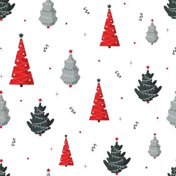 sin costura modelo con gris y rojo Navidad arboles invierno impresión. nuevo año diseño para tarjetas, antecedentes, tela, envase papel. ilustración en plano dibujos animados estilo vector