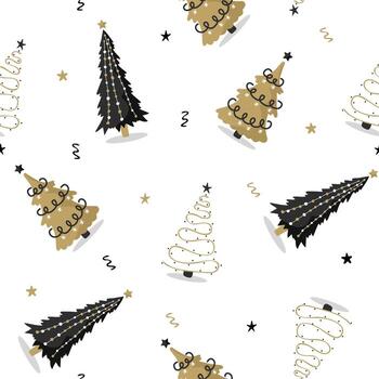 sin costura modelo con negro y oro Navidad árbol. invierno temporada impresión. nuevo año diseño para tarjetas, antecedentes, tela, envase papel. vector