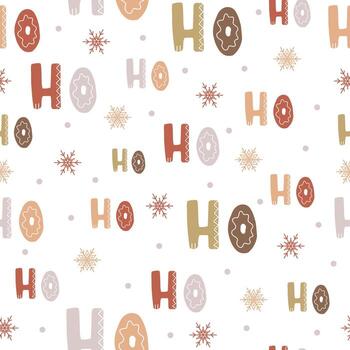 Seamless pattern with scandinavian lettering hohoho. Cute letter and snowflake on white background. Abstract wallpaper and wrapping decoration. Symbol of Merry Christmas and New Year. vector