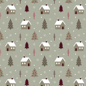 escandinavo invierno sin costura modelo con casas abeto arboles y copos de nieve en verde antecedentes vector