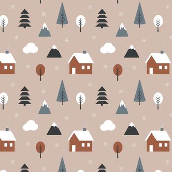 escandinavo sin costura invierno modelo con casas montañas nubes y abeto arboles en beige antecedentes vector
