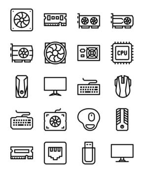 Computer hardware icons representing essential components for optimal performance vector