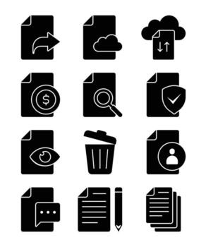 Document management icons showing data transfer, cloud storage, and file operations vector