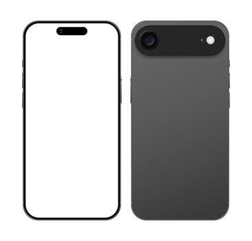 Latest 2025 mobile phone front and back mockup template. Black color smartphone with camera module device illustration vector