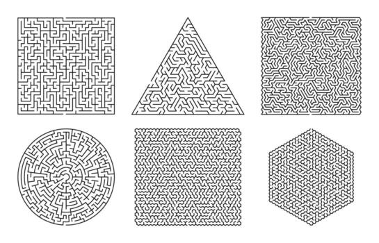 Puzzle maze set in square, triangle, and circular geometric shapes illustration vector