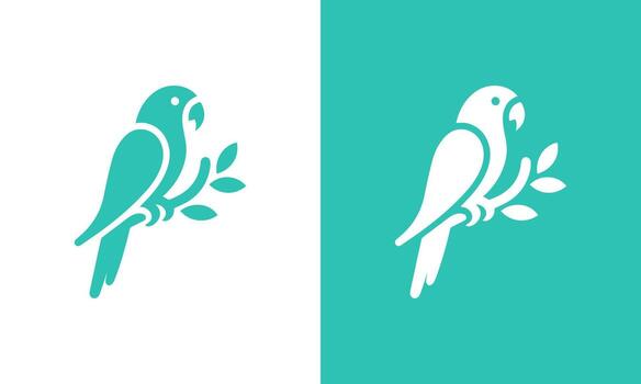 Stylized silhouette of a parrot perched on a branch with leaves in teal and white color scheme vector
