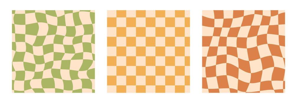 Set of abstract checkered backgrounds with wavy and straight patterns in green, orange, beige colors. Retro geometric optical illusion design. Perfect for posters, print, banners with a 70s aesthetic. vector