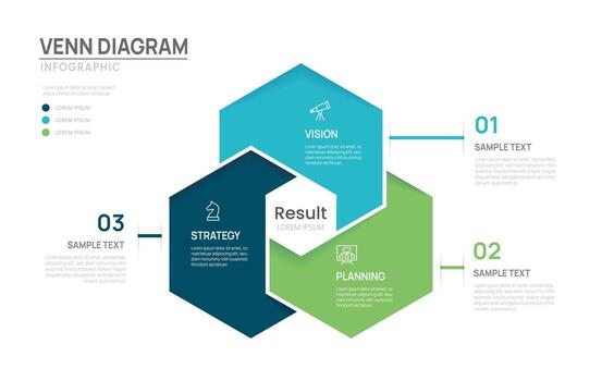 Venn diagram infographic chart template for business 3 parts steps, presentation with venn diagram elements illustration. vector
