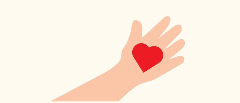 a hand with a red heart on a white background, vector