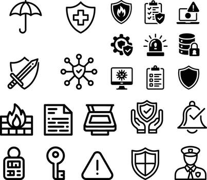 Collection of Security and Protection Icons Representing Various Safety Measures and Safeguards Against Threats and Risks in Different Domains vector