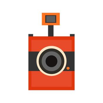 Red retro camera with flash and large lens in center. vector