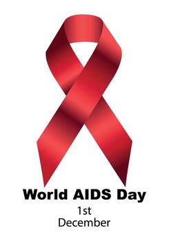 mundo SIDA día, diciembre 1er. rojo cinta símbolo de conciencia y apoyo, presentado en un limpiar blanco antecedentes con negrita texto. mundo SIDA día ilustración con rojo cinta lazo vector