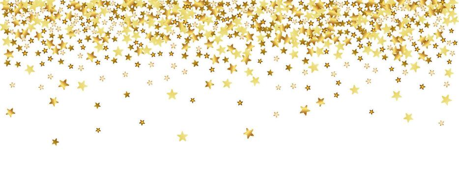 Star pattern background with confetti falling from top border. Golden and gold glitter stars, dots and particles scattered across white backdrop. gradient texture with decreasing density. vector