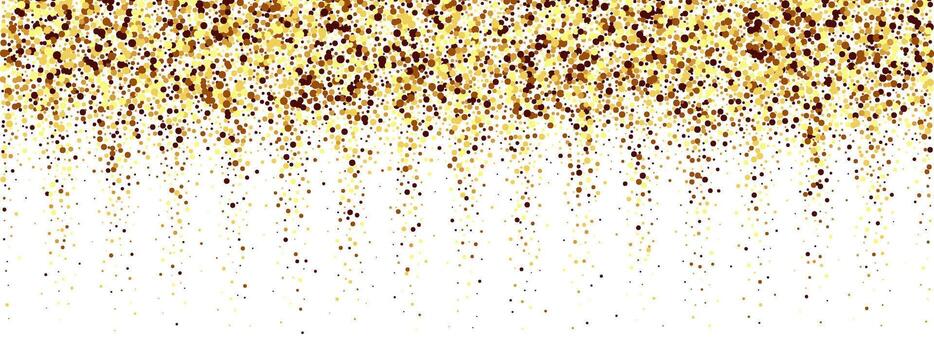 Golden confetti glitter background with falling dots and particles. Brown, yellow and gold spots, circles and specks scattered across white backdrop. gradient pattern vector