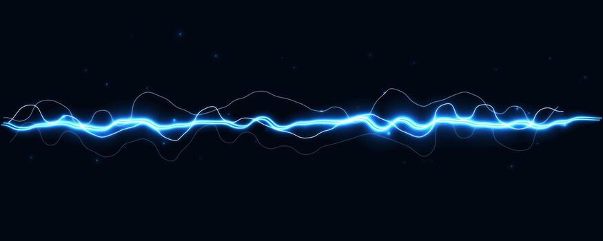 Glowing blue electric waveform horizontally lightning line with smooth pulses and faint particles on dark background for energy, electronics, audio, telecom, 5G, AI, EV charging, battery tech. vector