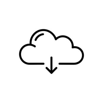 A black outline cloud download icon with an arrow indicating data retrieval on a white background vector