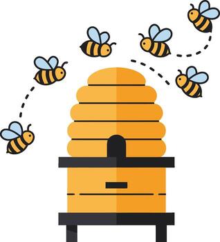 Bee hive with bees flying around it vector