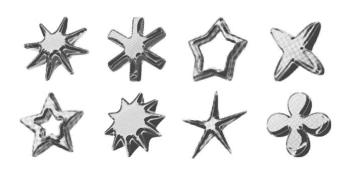 Y2k 3d chrome halftone stars shapes retro abstract element illustration set vector