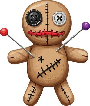 Mysterious stitched voodoo doll featuring mismatched button eyes and sharp pins. vector