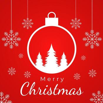 Merry Christmas Red Background with Hanging Ornament and Snowflake Design. Festive Merry Christmas background featuring a red hanging ornament with pine tree silhouette and snowflakes. vector