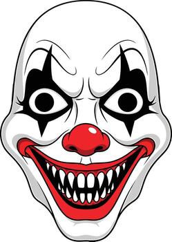 Spooky clown visage showcasing a wide, evil smile and razor-sharp fangs for horror themes. vector