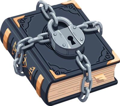 A mysterious dark book with golden accents is securely bound by a heavy chain and padlock. vector