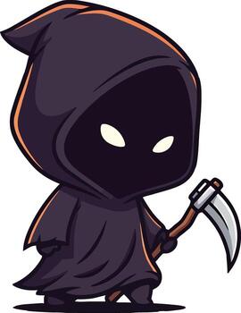 A charming little grim reaper character stands ready with a shiny scythe. vector