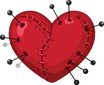 A poignant red heart, stitched together and embedded with sharp pins, symbolizing emotional pain. vector