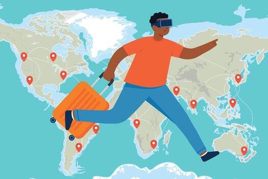 Traveler with virtual reality headset and suitcase exploring world map vector