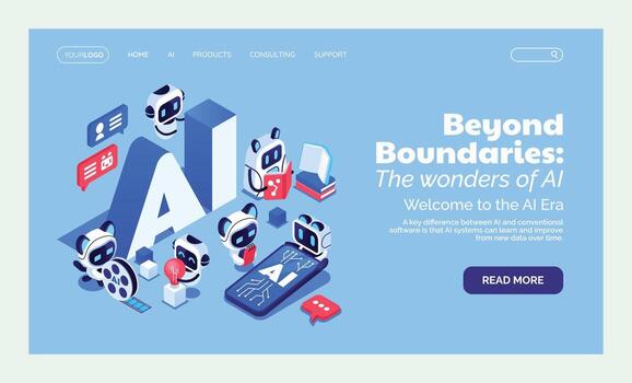 Landing page visual with AI robots and interface layout vector